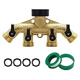 ATDAWN 4 Way Brass Hose Splitter, 3/4' Brass Hose Faucet Manifold, Garden Hose Adapter Connector