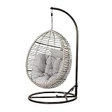 Christopher Knight Home Leasa Outdoor Wicker Hanging Basket Chair with Water Resistant Cushions and Iron Base, Grey / Black