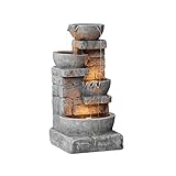 Teamson Home 33.25 in. Cascading Bowls and Stacked Stones LED Outdoor Water Fountain for Gardens, Landscaping, Patios, Balconies, and Lawns for a Calming Oasis in Outdoor Living Spaces, Stone Gray