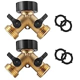 IPOW Solid Brass Body Backyard 2 Way Y Valve Garden Hose Connector Splitter Adapter + Extra 4 Rubber Hose Washers with Comfort Grip, 2 Pack