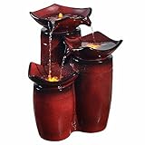 Teamson Home 3 Tiered Floor Water Glazed Pots Fountain with LED Lights and Pump for Outdoor Patio Garden Backyard Decking Décor, 20 inch Height, Gradient Red